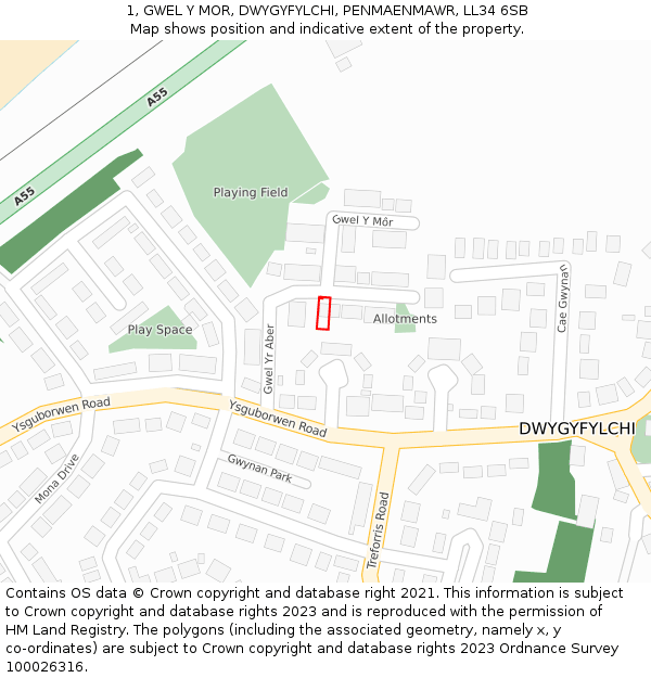 1, GWEL Y MOR, DWYGYFYLCHI, PENMAENMAWR, LL34 6SB: Location map and indicative extent of plot