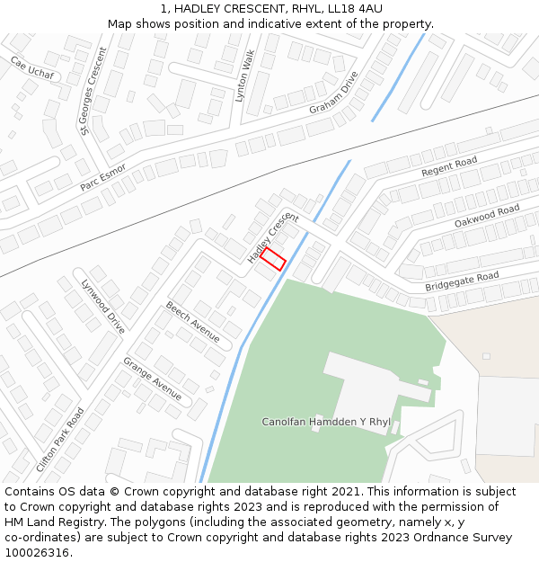 1, HADLEY CRESCENT, RHYL, LL18 4AU: Location map and indicative extent of plot