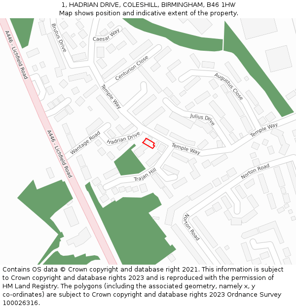 1, HADRIAN DRIVE, COLESHILL, BIRMINGHAM, B46 1HW: Location map and indicative extent of plot