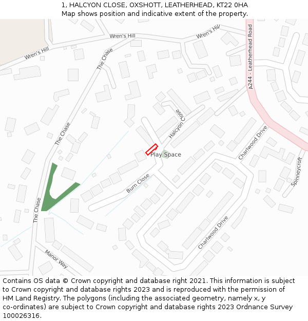 1, HALCYON CLOSE, OXSHOTT, LEATHERHEAD, KT22 0HA: Location map and indicative extent of plot