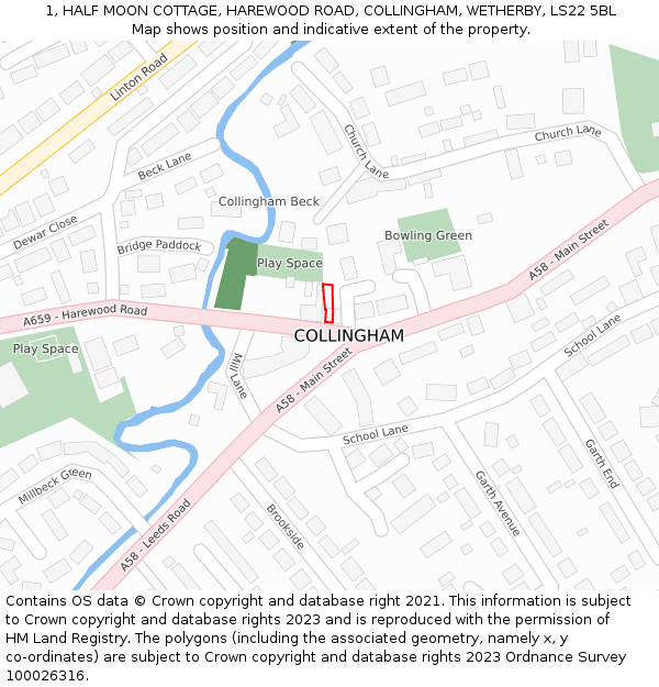 1, HALF MOON COTTAGE, HAREWOOD ROAD, COLLINGHAM, WETHERBY, LS22 5BL: Location map and indicative extent of plot