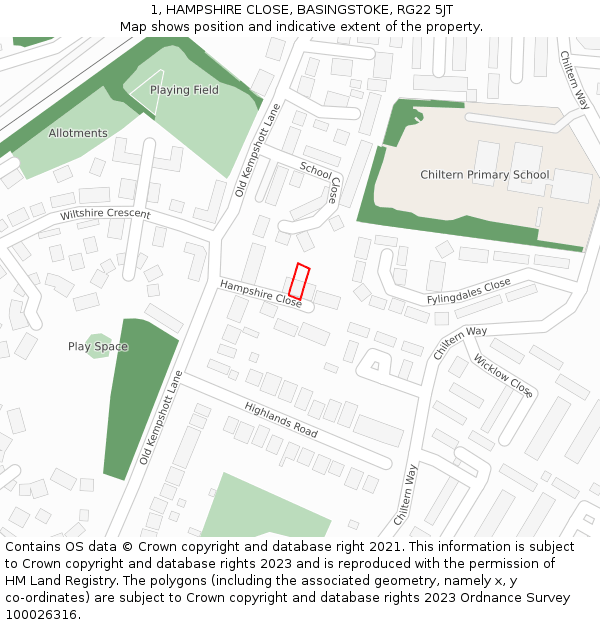 1, HAMPSHIRE CLOSE, BASINGSTOKE, RG22 5JT: Location map and indicative extent of plot