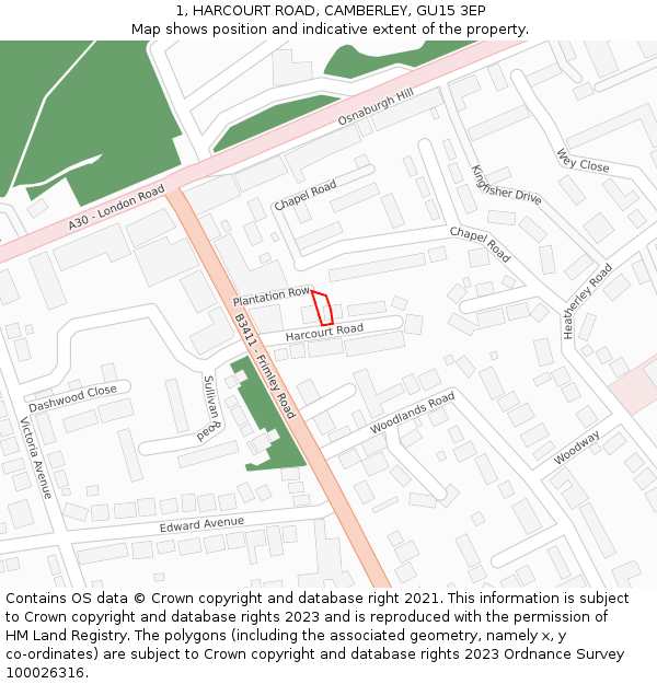 1, HARCOURT ROAD, CAMBERLEY, GU15 3EP: Location map and indicative extent of plot