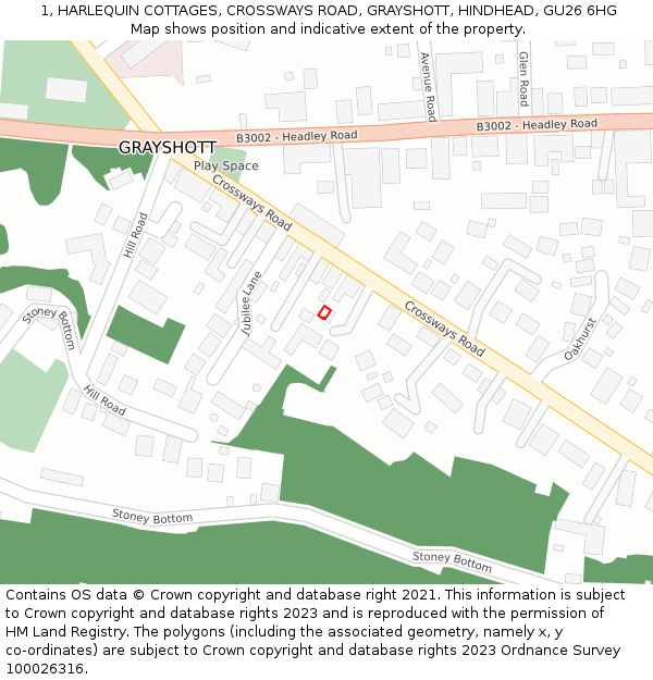 1, HARLEQUIN COTTAGES, CROSSWAYS ROAD, GRAYSHOTT, HINDHEAD, GU26 6HG: Location map and indicative extent of plot