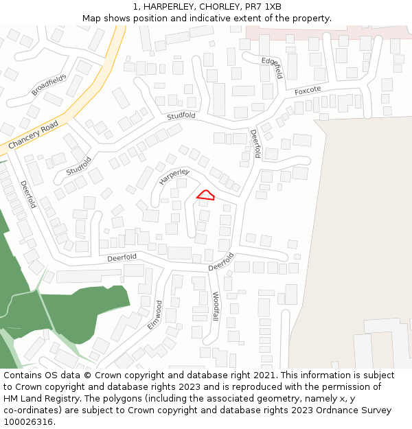 1, HARPERLEY, CHORLEY, PR7 1XB: Location map and indicative extent of plot