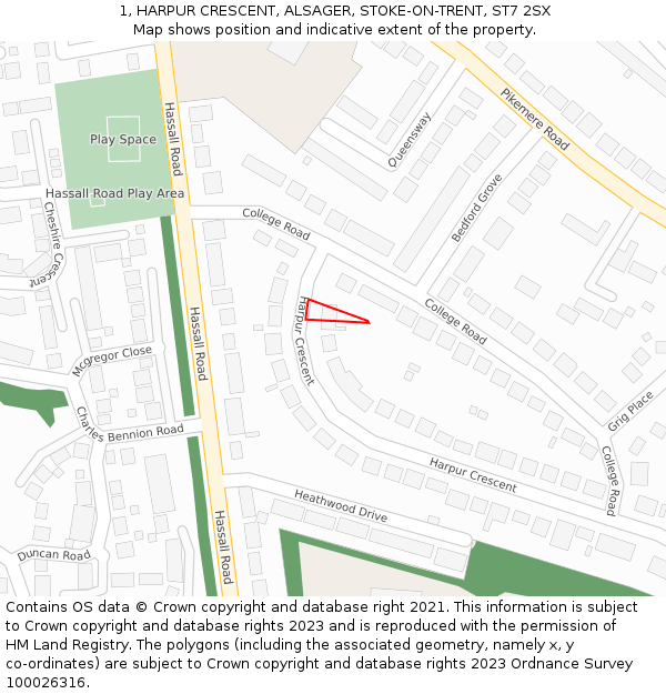 1, HARPUR CRESCENT, ALSAGER, STOKE-ON-TRENT, ST7 2SX: Location map and indicative extent of plot