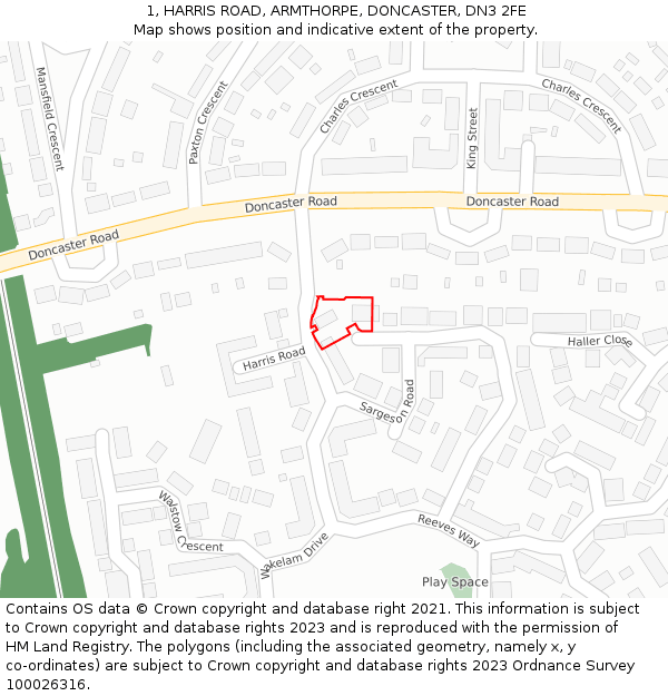 1, HARRIS ROAD, ARMTHORPE, DONCASTER, DN3 2FE: Location map and indicative extent of plot