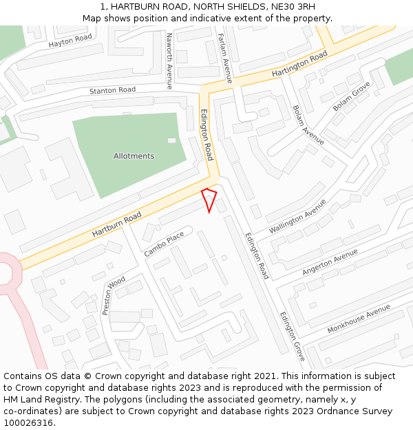 1, HARTBURN ROAD, NORTH SHIELDS, NE30 3RH: Location map and indicative extent of plot