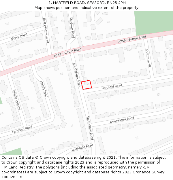 1, HARTFIELD ROAD, SEAFORD, BN25 4PH: Location map and indicative extent of plot