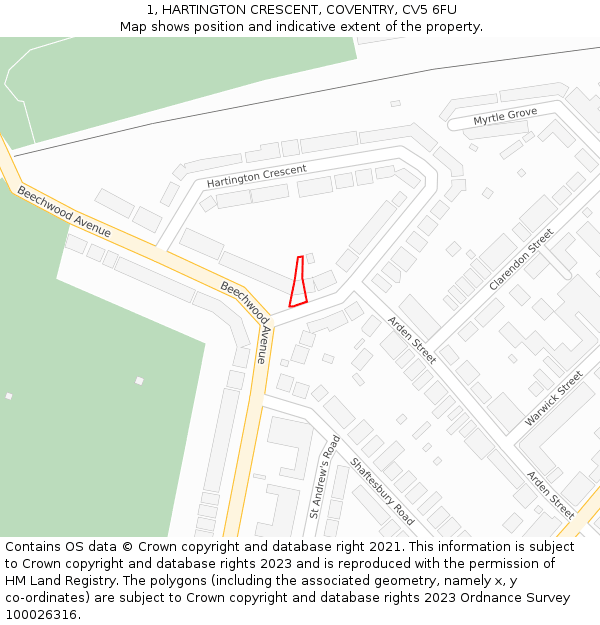 1, HARTINGTON CRESCENT, COVENTRY, CV5 6FU: Location map and indicative extent of plot