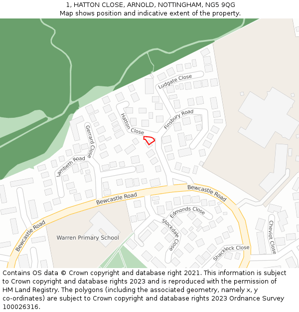 1, HATTON CLOSE, ARNOLD, NOTTINGHAM, NG5 9QG: Location map and indicative extent of plot