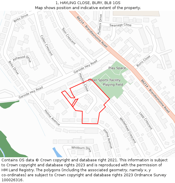 1, HAYLING CLOSE, BURY, BL8 1GS: Location map and indicative extent of plot
