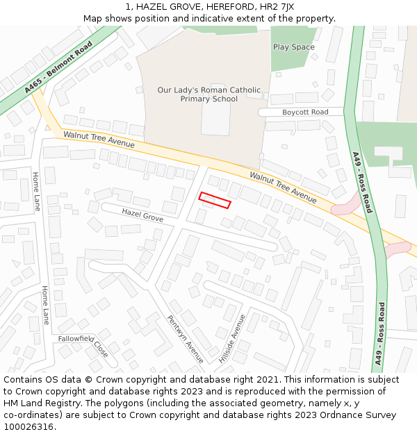 1, HAZEL GROVE, HEREFORD, HR2 7JX: Location map and indicative extent of plot