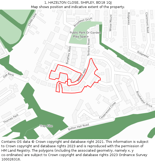 1, HAZELTON CLOSE, SHIPLEY, BD18 1QJ: Location map and indicative extent of plot