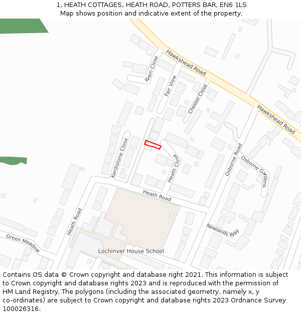 1, HEATH COTTAGES, HEATH ROAD, POTTERS BAR, EN6 1LS: Location map and indicative extent of plot