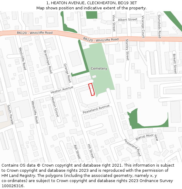 1, HEATON AVENUE, CLECKHEATON, BD19 3ET: Location map and indicative extent of plot