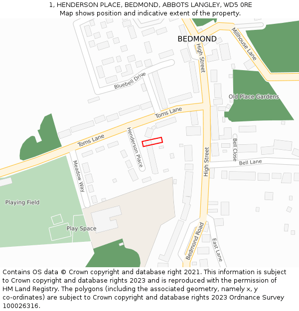 1, HENDERSON PLACE, BEDMOND, ABBOTS LANGLEY, WD5 0RE: Location map and indicative extent of plot