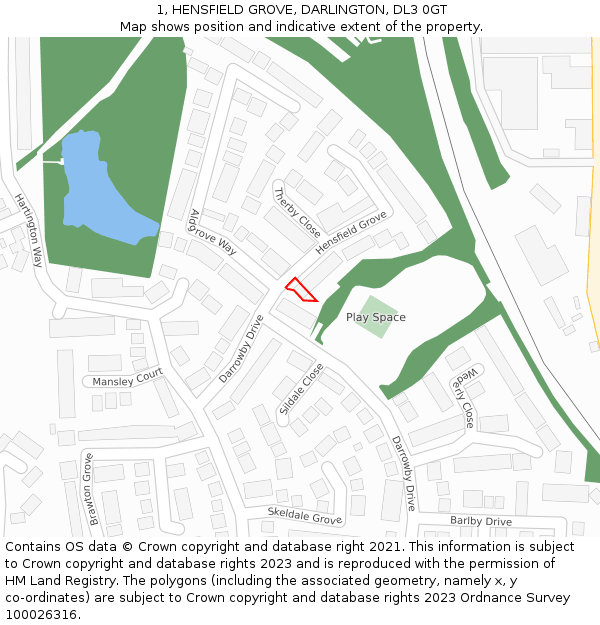 1, HENSFIELD GROVE, DARLINGTON, DL3 0GT: Location map and indicative extent of plot