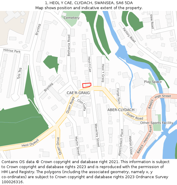 1, HEOL Y CAE, CLYDACH, SWANSEA, SA6 5DA: Location map and indicative extent of plot