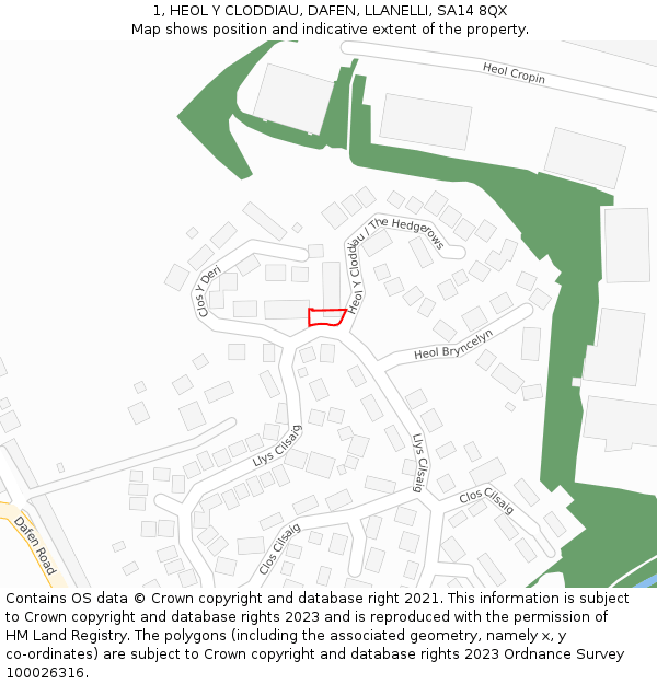 1, HEOL Y CLODDIAU, DAFEN, LLANELLI, SA14 8QX: Location map and indicative extent of plot