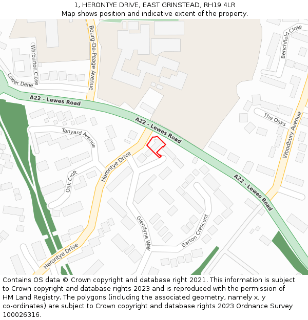 1, HERONTYE DRIVE, EAST GRINSTEAD, RH19 4LR: Location map and indicative extent of plot