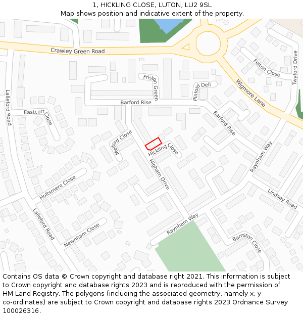 1, HICKLING CLOSE, LUTON, LU2 9SL: Location map and indicative extent of plot