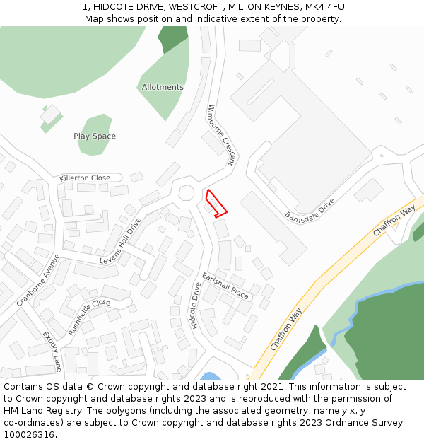 1, HIDCOTE DRIVE, WESTCROFT, MILTON KEYNES, MK4 4FU: Location map and indicative extent of plot