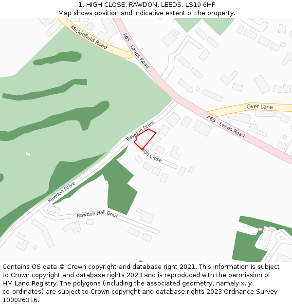 1, HIGH CLOSE, RAWDON, LEEDS, LS19 6HF: Location map and indicative extent of plot