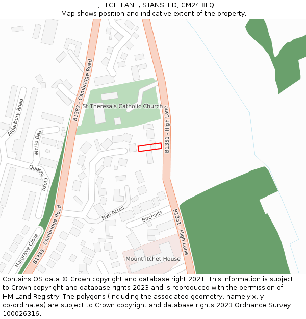 1, HIGH LANE, STANSTED, CM24 8LQ: Location map and indicative extent of plot