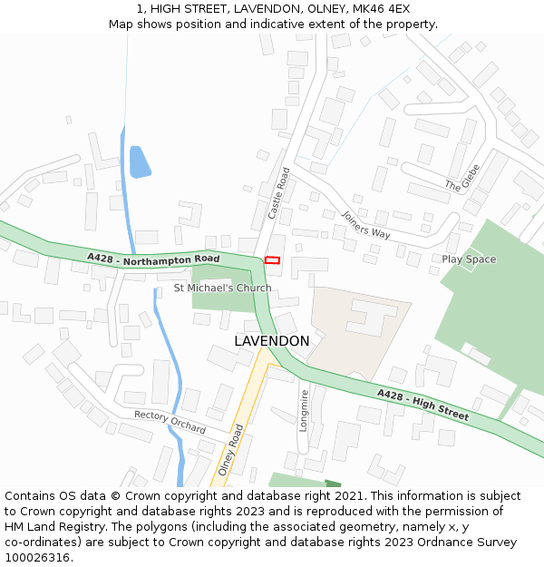 1, HIGH STREET, LAVENDON, OLNEY, MK46 4EX: Location map and indicative extent of plot