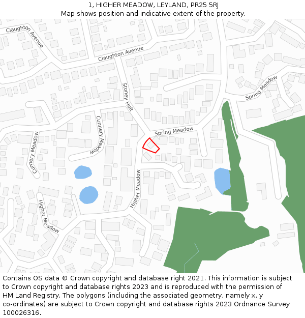 1, HIGHER MEADOW, LEYLAND, PR25 5RJ: Location map and indicative extent of plot