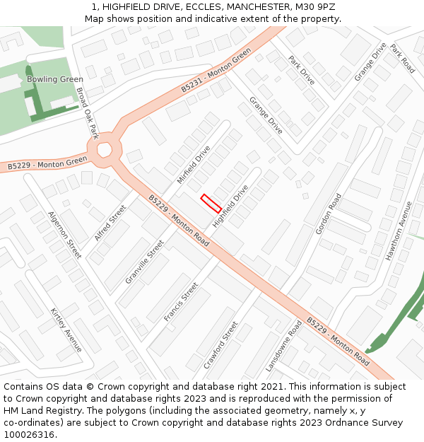 1, HIGHFIELD DRIVE, ECCLES, MANCHESTER, M30 9PZ: Location map and indicative extent of plot