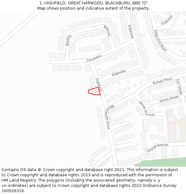 1, HIGHFIELD, GREAT HARWOOD, BLACKBURN, BB6 7JT: Location map and indicative extent of plot