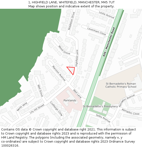 1, HIGHFIELD LANE, WHITEFIELD, MANCHESTER, M45 7UT: Location map and indicative extent of plot