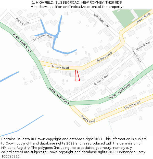 1, HIGHFIELD, SUSSEX ROAD, NEW ROMNEY, TN28 8DS: Location map and indicative extent of plot