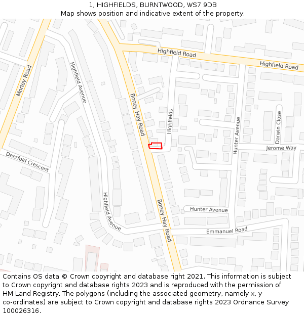 1, HIGHFIELDS, BURNTWOOD, WS7 9DB: Location map and indicative extent of plot