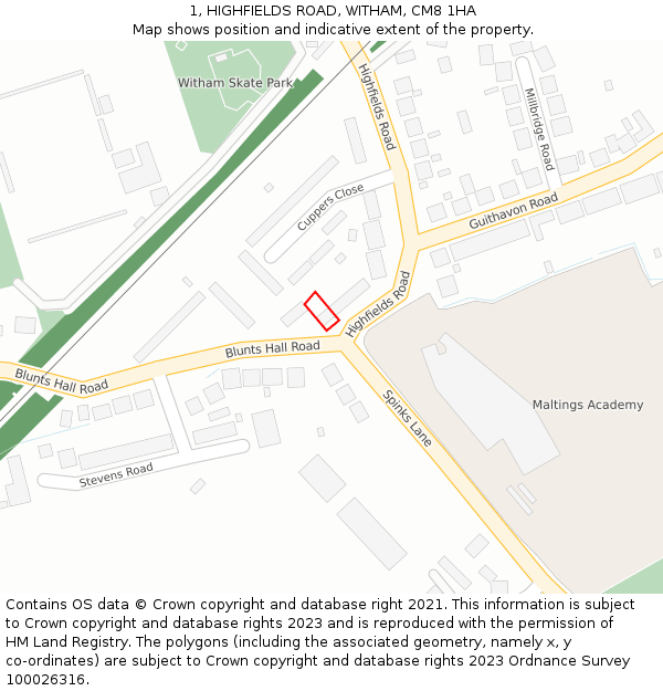 1, HIGHFIELDS ROAD, WITHAM, CM8 1HA: Location map and indicative extent of plot