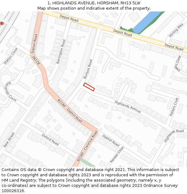 1, HIGHLANDS AVENUE, HORSHAM, RH13 5LW: Location map and indicative extent of plot