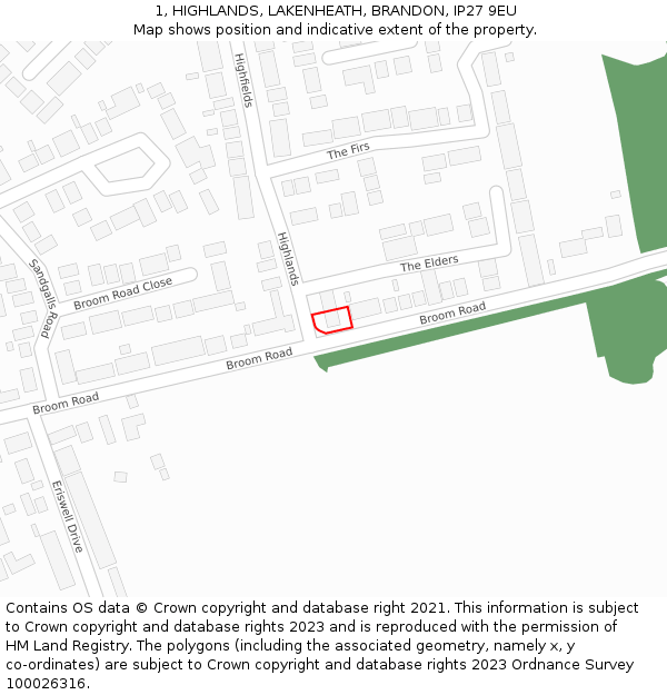 1, HIGHLANDS, LAKENHEATH, BRANDON, IP27 9EU: Location map and indicative extent of plot