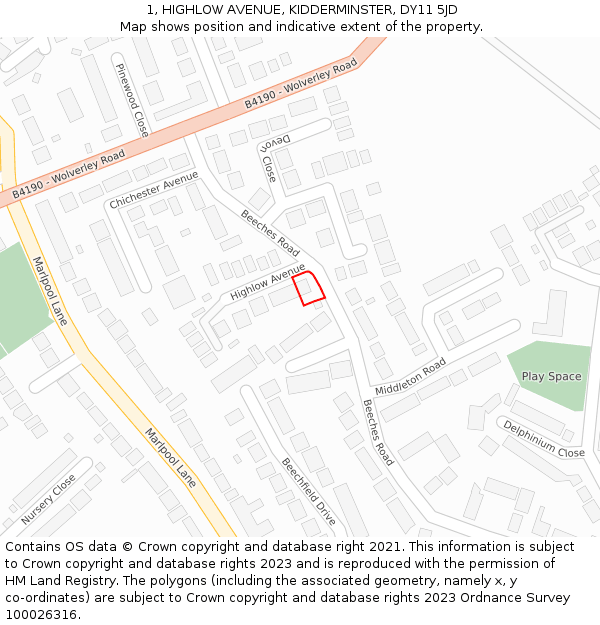 1, HIGHLOW AVENUE, KIDDERMINSTER, DY11 5JD: Location map and indicative extent of plot