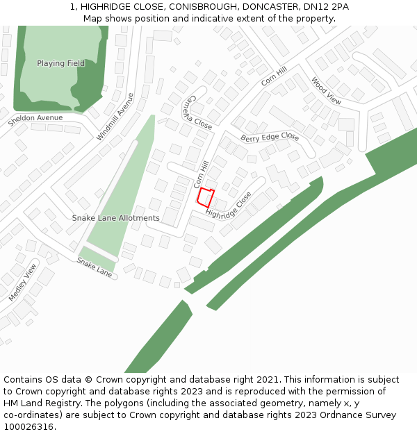 1, HIGHRIDGE CLOSE, CONISBROUGH, DONCASTER, DN12 2PA: Location map and indicative extent of plot