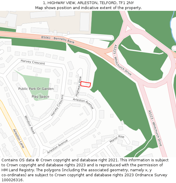 1, HIGHWAY VIEW, ARLESTON, TELFORD, TF1 2NY: Location map and indicative extent of plot