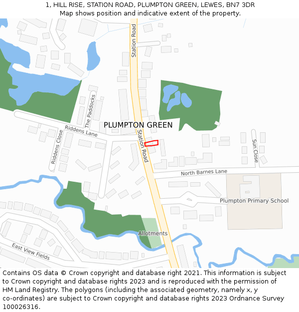 1, HILL RISE, STATION ROAD, PLUMPTON GREEN, LEWES, BN7 3DR: Location map and indicative extent of plot