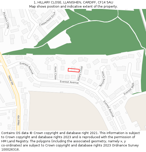 1, HILLARY CLOSE, LLANISHEN, CARDIFF, CF14 5AU: Location map and indicative extent of plot