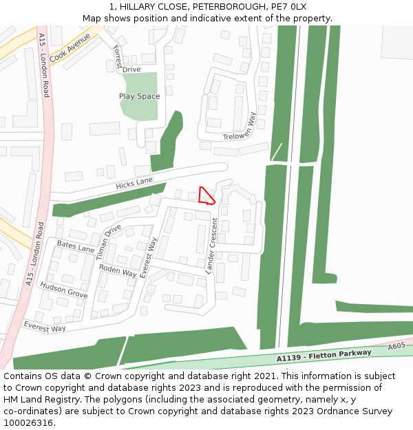 1, HILLARY CLOSE, PETERBOROUGH, PE7 0LX: Location map and indicative extent of plot