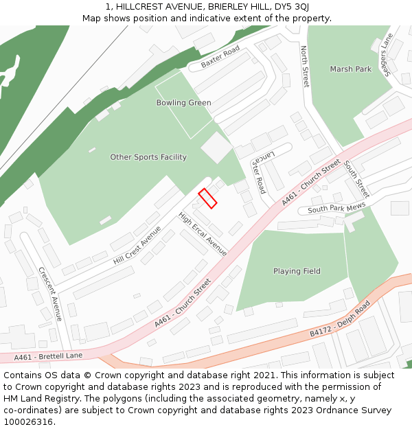 1, HILLCREST AVENUE, BRIERLEY HILL, DY5 3QJ: Location map and indicative extent of plot