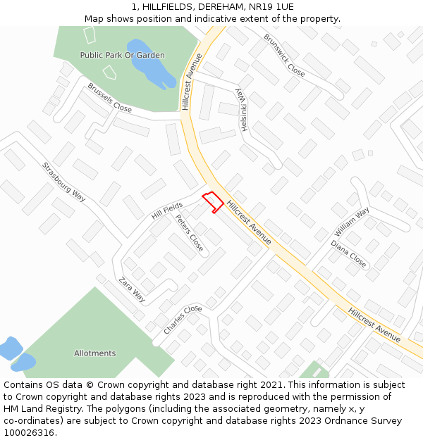 1, HILLFIELDS, DEREHAM, NR19 1UE: Location map and indicative extent of plot