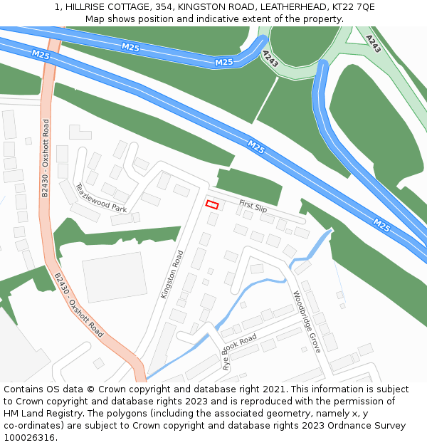 1, HILLRISE COTTAGE, 354, KINGSTON ROAD, LEATHERHEAD, KT22 7QE: Location map and indicative extent of plot