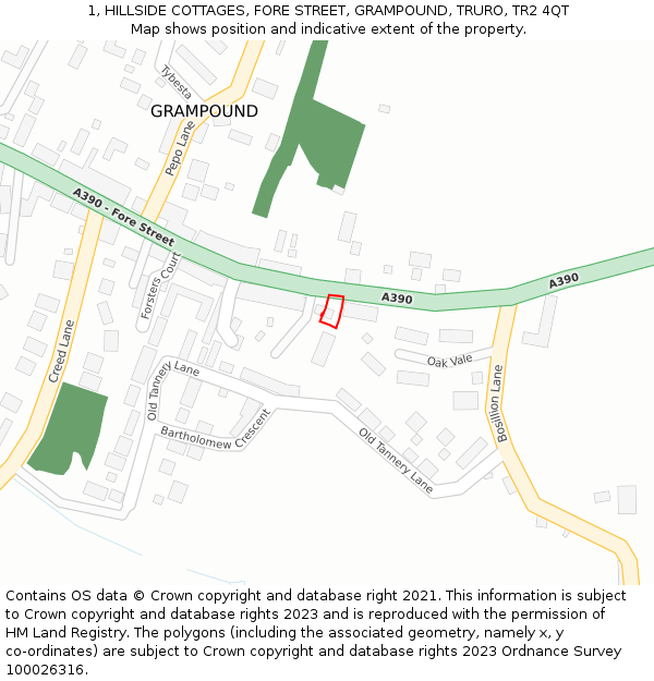 1, HILLSIDE COTTAGES, FORE STREET, GRAMPOUND, TRURO, TR2 4QT: Location map and indicative extent of plot