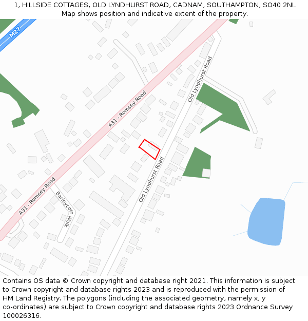 1, HILLSIDE COTTAGES, OLD LYNDHURST ROAD, CADNAM, SOUTHAMPTON, SO40 2NL: Location map and indicative extent of plot